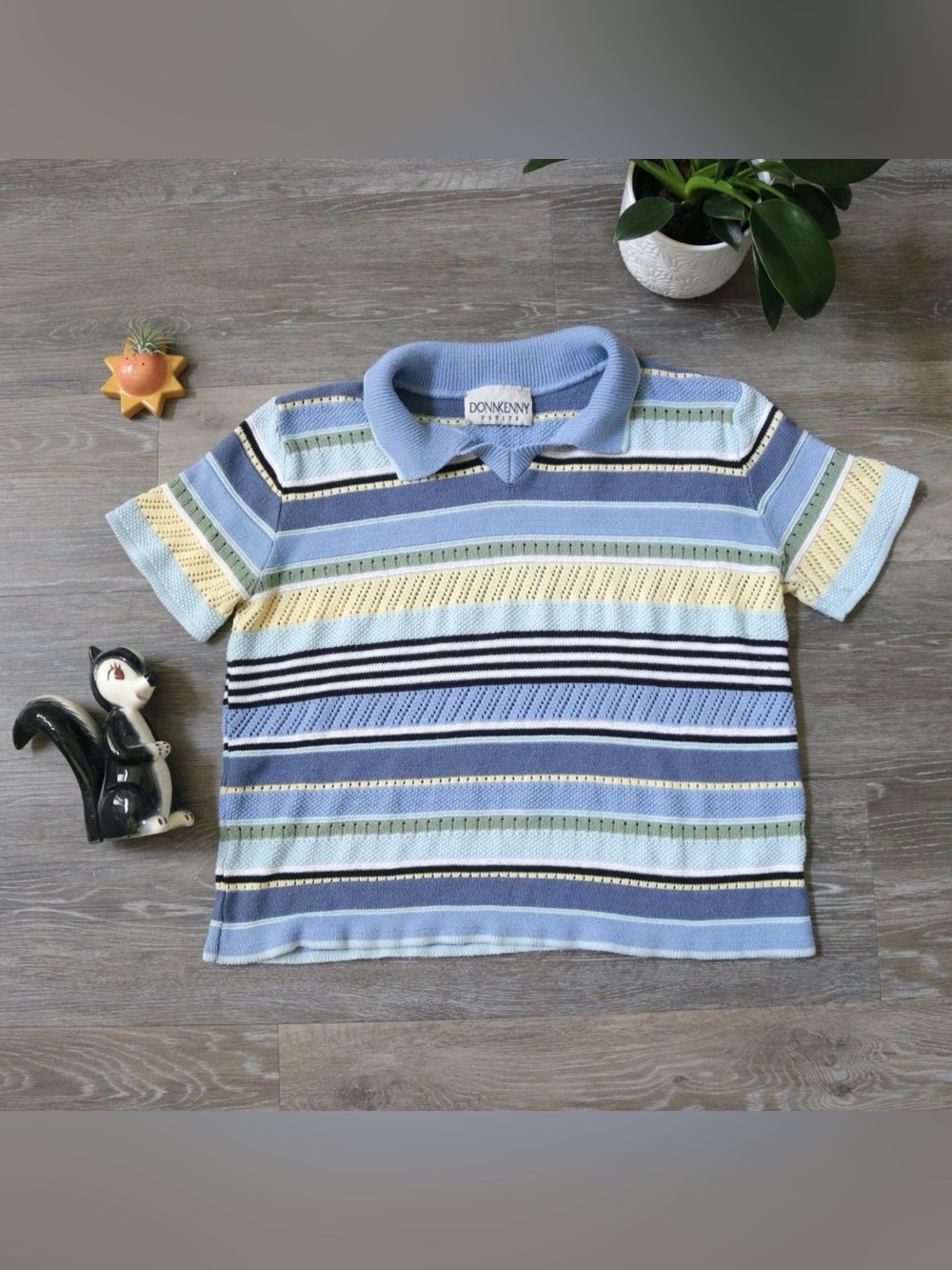Pastel blue striped knit collared top